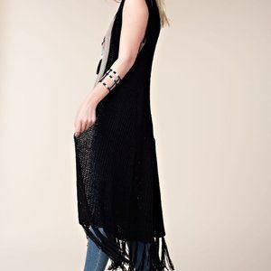 nwt VOCAL VEST shirt CARDIGAN duster BLACK SM-XL BOHEMIAN FRINGS crochet knit